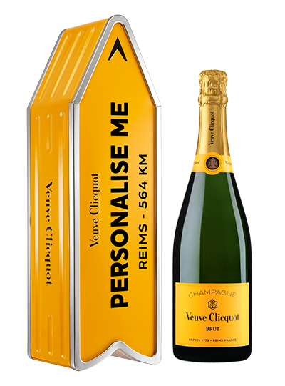 signaturebottle.ch Veuve Clicquot Arrow, Metallbox, mit persönlicher Stadt, Ort, Strasse, yellow