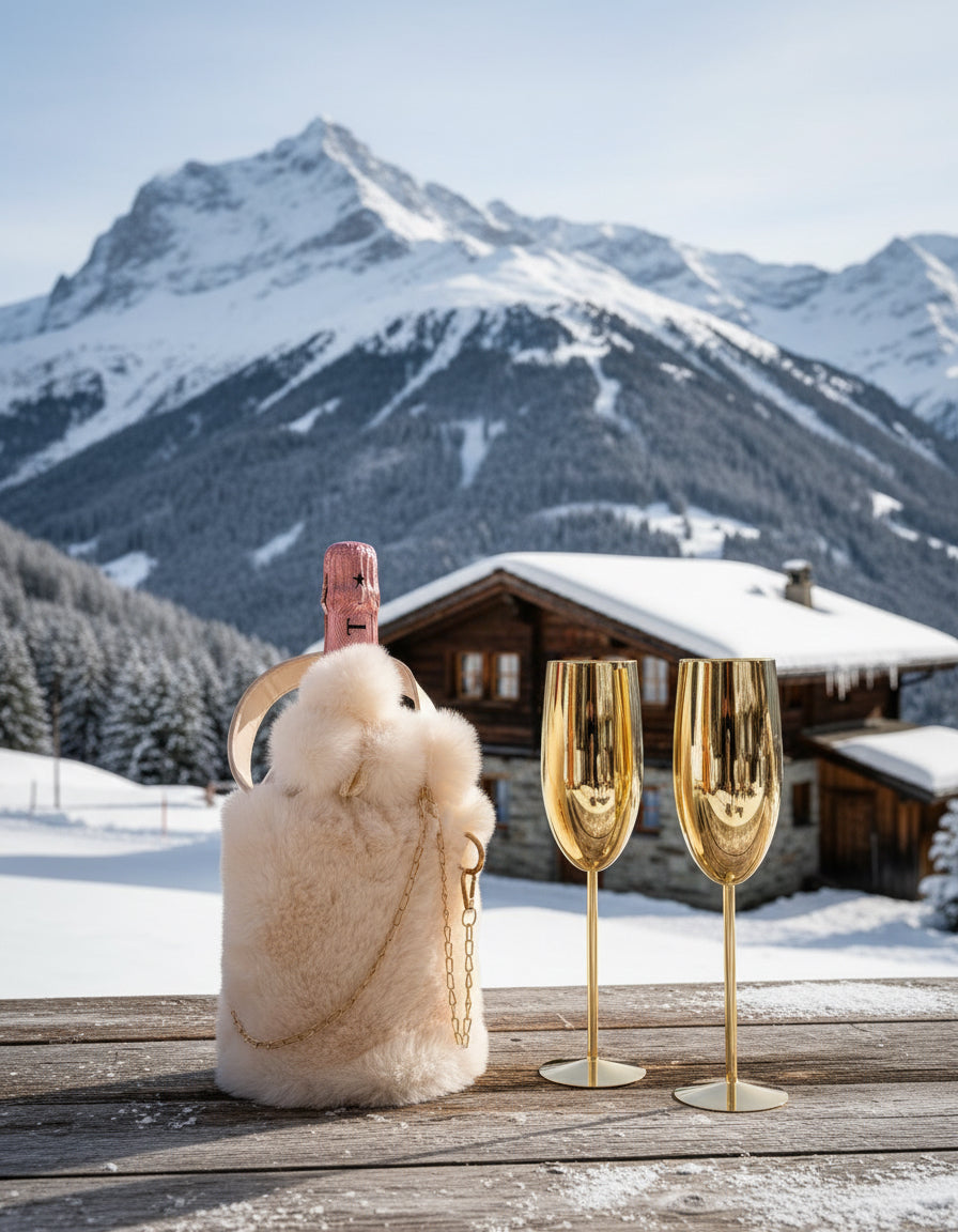 (Moet & Chandon Rosé with Fury Bag White und 2 Edelstahl Flut in Gold